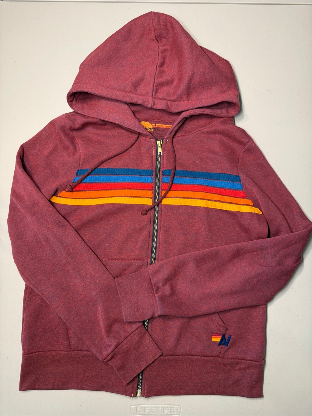 Aviator Nation 5 Stripes Primary Colors Full Zip Hoodie Burgundy Maroon XS